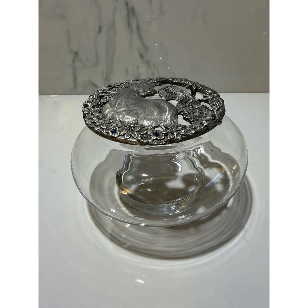 1989 Rawcliffe Unicorn Pewter Potpourri Glass Bowl - Signed P Davis